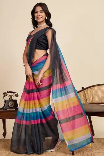 multicolor linen printed saree with blouse