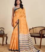 mustard linen printed saree with blouse