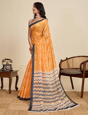 mustard linen printed saree with blouse 2