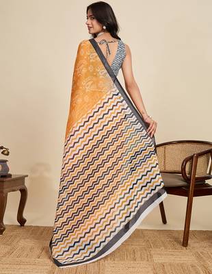 mustard linen printed saree with blouse 3
