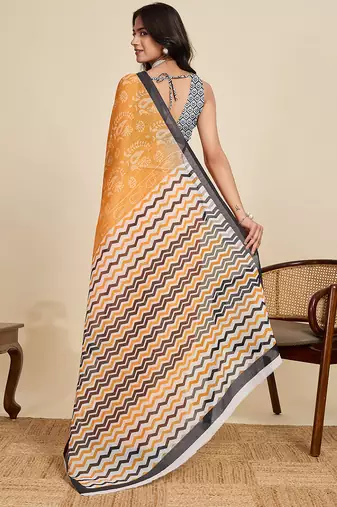mustard linen printed saree with blouse
