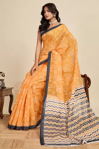 mustard linen printed saree with blouse