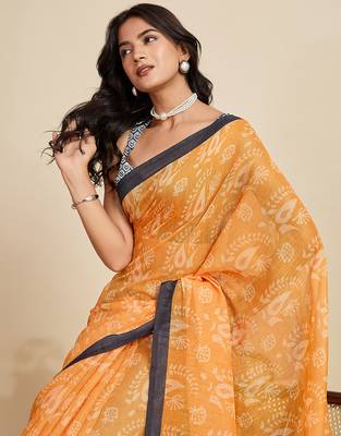 mustard linen printed saree with blouse 5