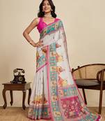 off white linen printed saree with blouse