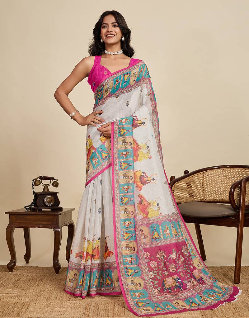 off white linen printed saree with blouse
