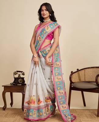 off white linen printed saree with blouse 4