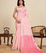peach linen printed saree with blouse