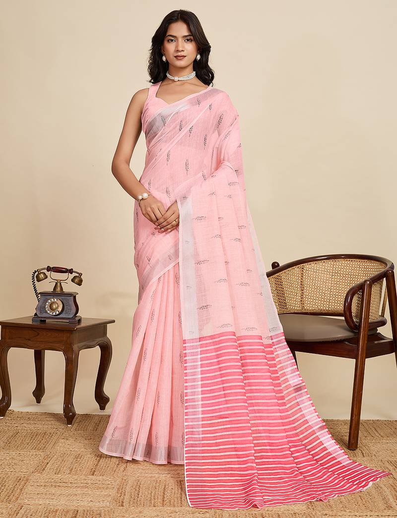 peach linen printed saree with blouse