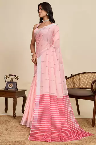 peach linen printed saree with blouse