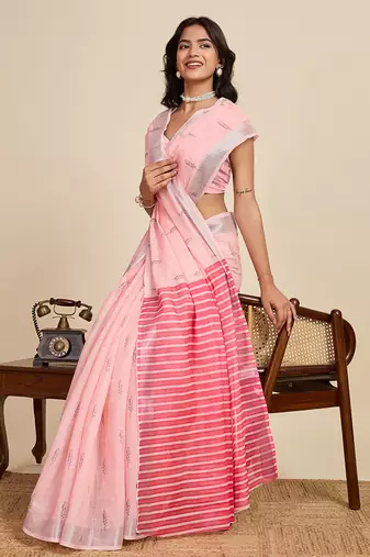 peach linen printed saree with blouse