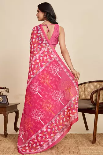 pink linen printed saree with blouse