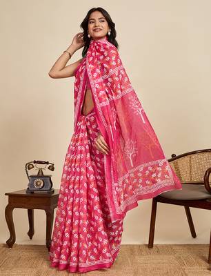 pink linen printed saree with blouse 4