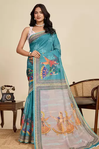 turquoise linen printed saree with blouse