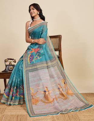 turquoise linen printed saree with blouse 4