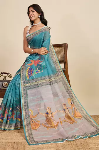 turquoise linen printed saree with blouse