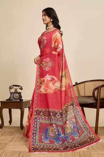 red linen printed saree with blouse
