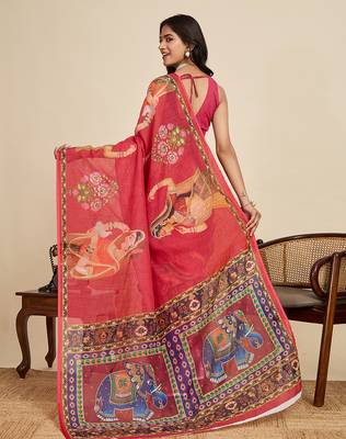 red linen printed saree with blouse 3