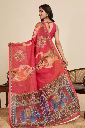 red linen printed saree with blouse
