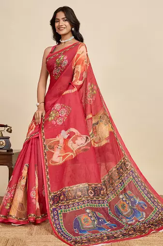 red linen printed saree with blouse