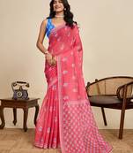 dark peach linen printed saree with blouse