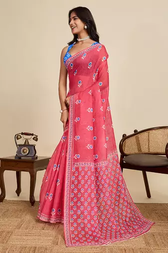dark peach linen printed saree with blouse