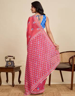 dark peach linen printed saree with blouse 3
