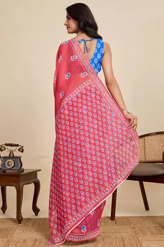 dark peach linen printed saree with blouse