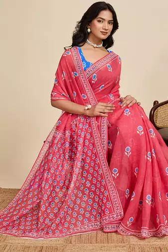 dark peach linen printed saree with blouse