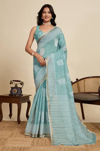 turquoise linen printed saree with blouse