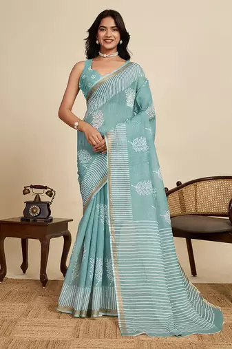 turquoise linen printed saree with blouse