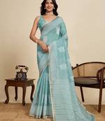 turquoise linen printed saree with blouse