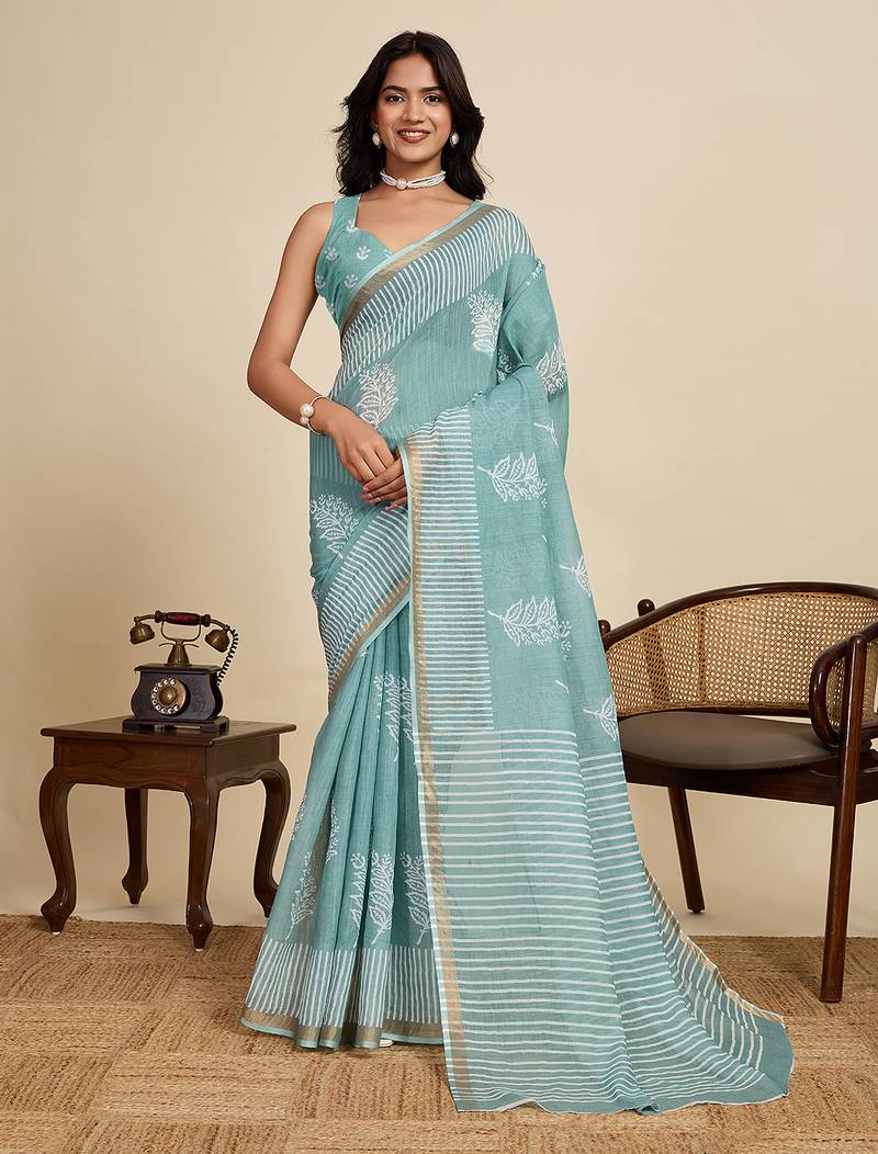 turquoise linen printed saree with blouse