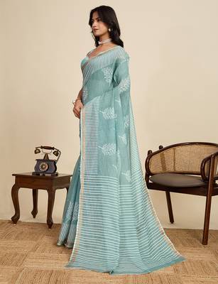 turquoise linen printed saree with blouse 2