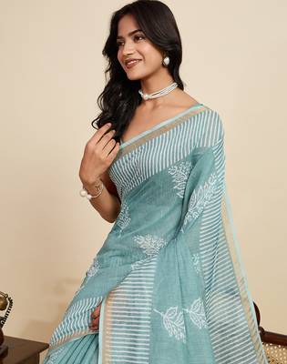turquoise linen printed saree with blouse 5