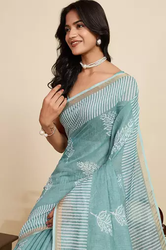 turquoise linen printed saree with blouse