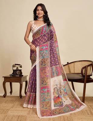 violet linen printed saree with blouse 1