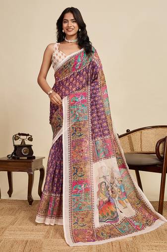 violet linen printed saree with blouse