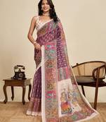 violet linen printed saree with blouse