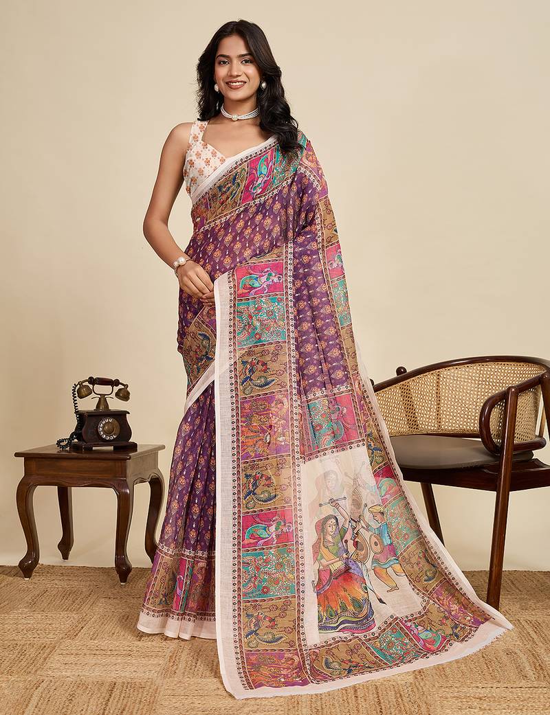 violet linen printed saree with blouse