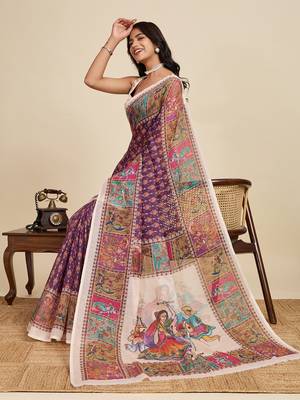 violet linen printed saree with blouse 4