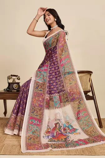 violet linen printed saree with blouse