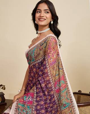 violet linen printed saree with blouse 5