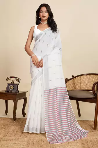 white linen printed saree with blouse