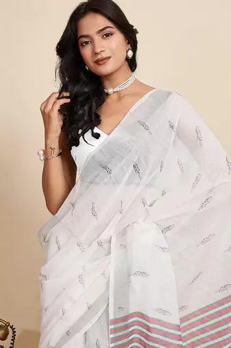white linen printed saree with blouse