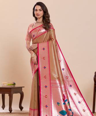 beige art silk woven saree with blouse 2