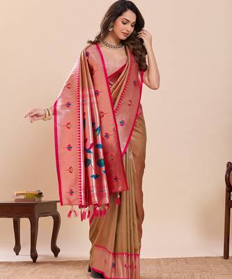 beige art silk woven saree with blouse 4