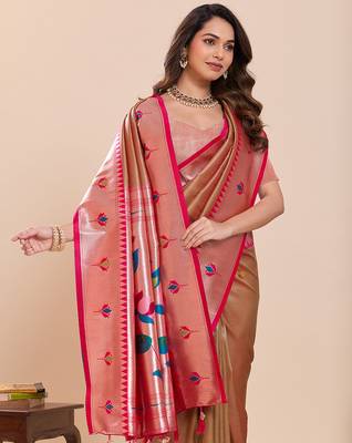 beige art silk woven saree with blouse 5