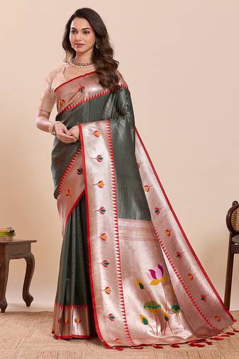 dark green art silk woven saree with blouse