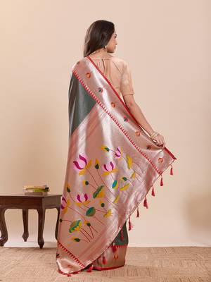 dark green art silk woven saree with blouse 3