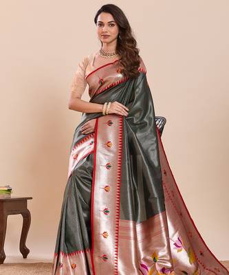 dark green art silk woven saree with blouse 4